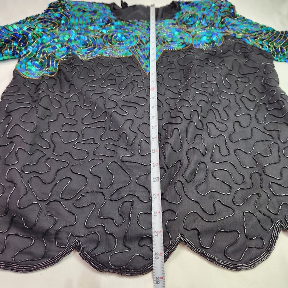 Vintage Royal Feelings Womens Silk Sequin & Beaded Blouse Turquoise & Black 1X - Picture 7 of 10